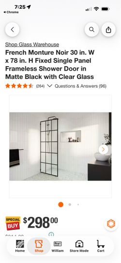 French Monture Noir 30 in. W × 78 in. H Fixed Single Panel Frameless Shower Door in Matte Black with Clear Glass
