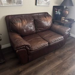 Brown Leather Love Seat And Ottoman