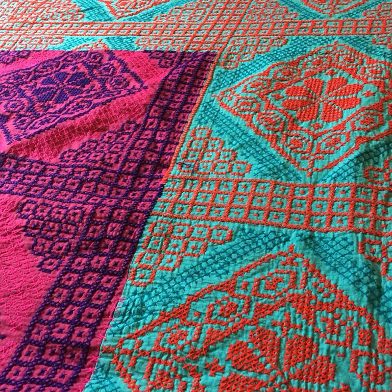 South Asian Folk Art Handmade Needlepoint Cotton Quilt