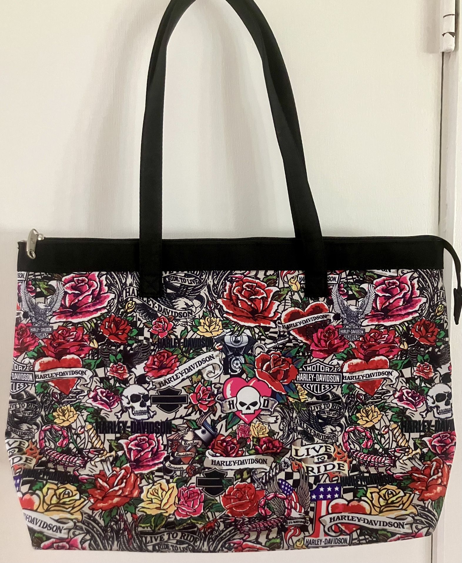 New/Unused Harley Davidson Tattoo Print Shopper Tote/Duffel Bag w/ 2 Large Inside Zipper Pockets