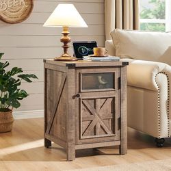 Farmhouse End Table with Charging Station, 18'' Rustic Nightstand with Barn Door & Adjustable Shelf, Wooden Sofa Side Table with 3-Tier Storage for Li