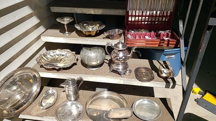 Antique various metal platters, bowls, serving dishes and silverware