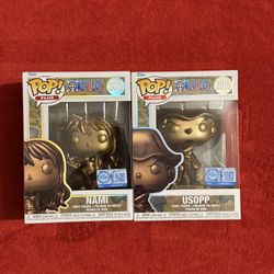Funko Pop Animation One Piece Nami #2015 & Usopp #2016 Bronze Statue Bundle