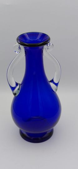 Lovely Vintage Wanda Cobalt Blue Glass Vase With Clear Handles Made In Poland