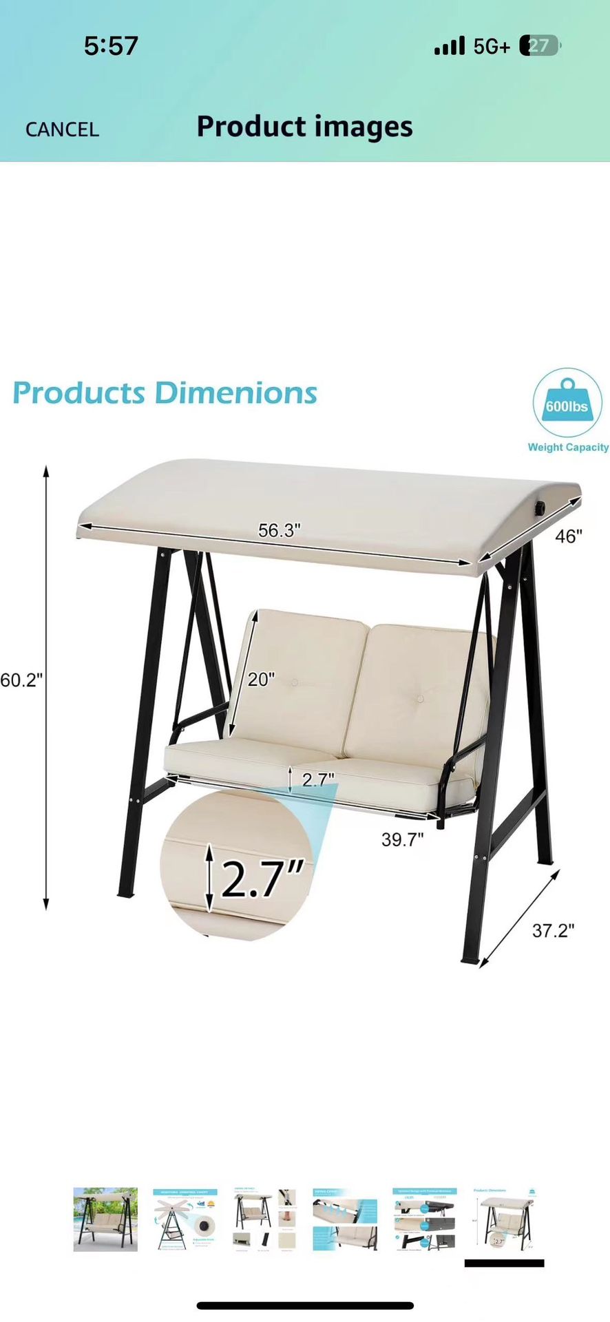 Y 2-Seat Porch Swing Chair, Patio Swing Chair with Stand and Removable Cushions, Outdoor Canopy Swing Chair for Outside, Backyard, Garden(Beige Cushio