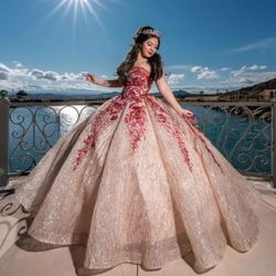 Wine Red And Gold Quinceañera Dress 