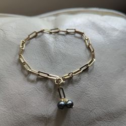 Gold Paperclip Chain Bracelet With Peacock Freshwater Pearls 