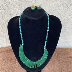Vintage Green Beaded Necklace And Earrings Set.
