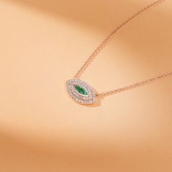 Emerald Diamond Necklace 14K Solid Gold