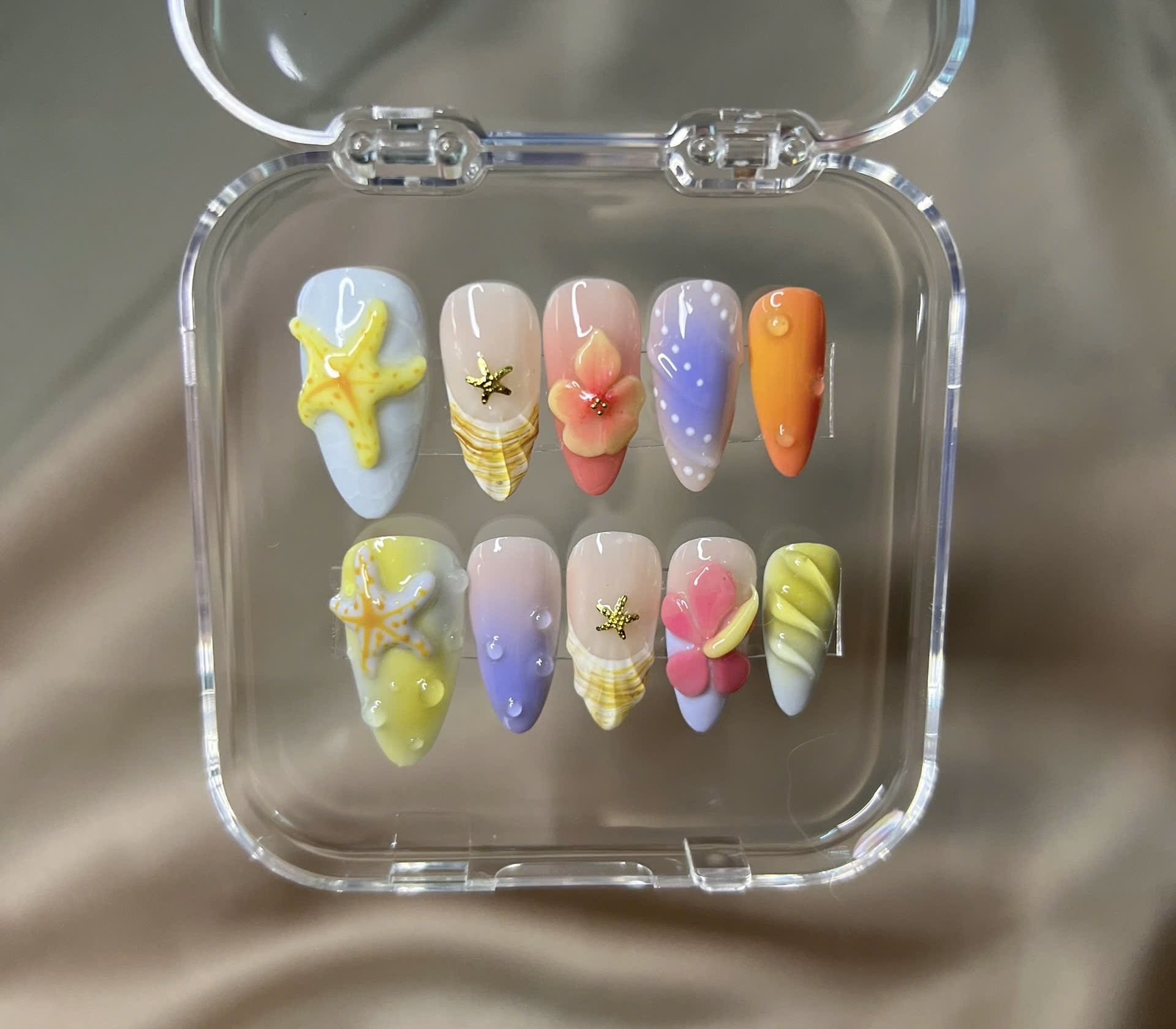 Summer Beach Press-On Nails – Starfish, Flowers & Bright Colors