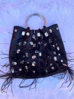 Black Feather & Crystal Embellished Ring Handle Bag