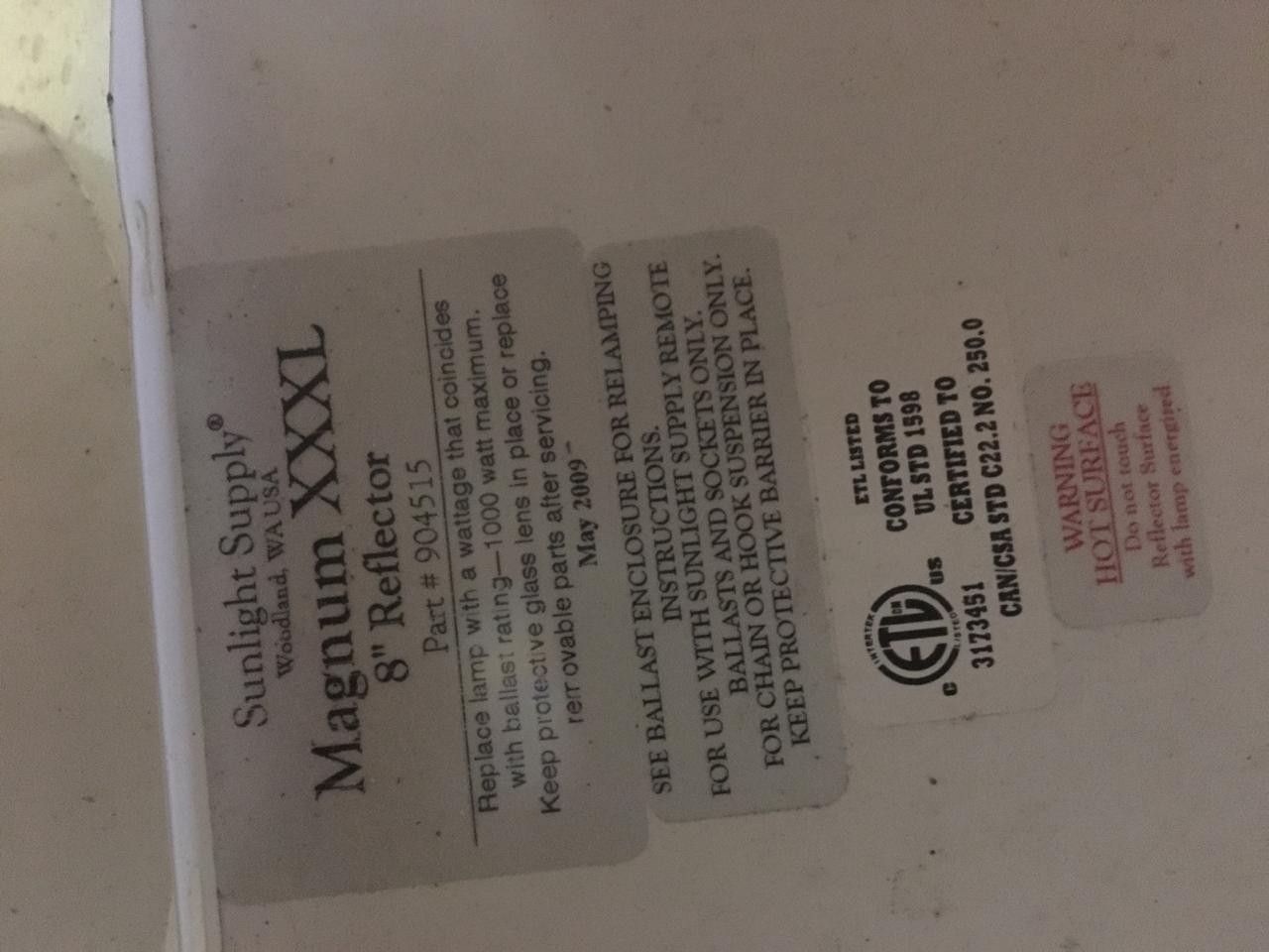 Magnum XXXL , SunLight Supply Grow Light , 8" reflector