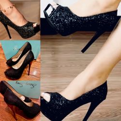 Sassy Sexy ANGELICA black glittery open-toe platform pumps high glossy heel 7