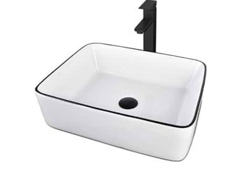 New Bathroom Sink, White 19" x 15" Above Counter Porcelain Vessel Sink Black Faucet, Pop Up Drain, Rectangle, Easy Clean