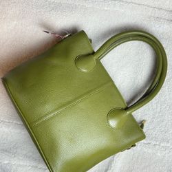 Olive Green Genuine Leather Tote Bag Top Handle Shoulder Bag Detachable Strap 