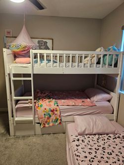 White Wood Bunk Bed with Storage Drawers