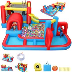 7 in1 Inflatable Water Slide Park for Kids 3~8 Years, Indoor/Outdoor Obstacle Course Bounce House Splash Pool with 520W Blower, Slide,BasketBall Hoop,