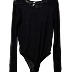 Women’s (E) Sheer Mesh Bodysuit Sz M Black Long Sleeve Snap Pull On Goth EUC