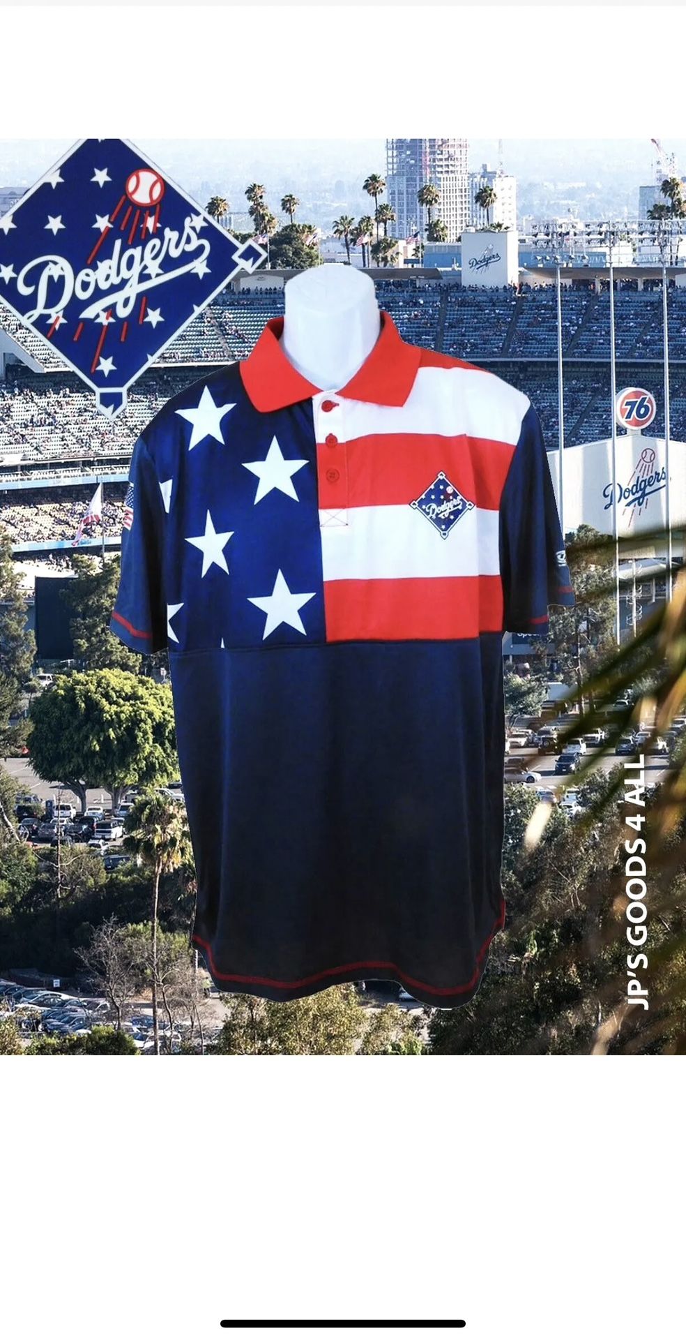 True Fan MLB Los Angeles Dodgers Patriotic USA Flag Polo Shirt Men's Size Large