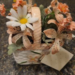 Impulse Giftware small peach silk flower bouquet in white porcelain wicker basket