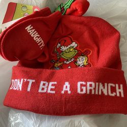 Dr. Seuss Don’t Be A Grinch Red Hat Beanie & Mittens Set Toddler Kids One Size