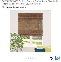 CALYX INTERIORS Cordless Bamboo Roman Shade Blind, Light Filtering, 22.5" W x 48" H, Ceylon Chestnut