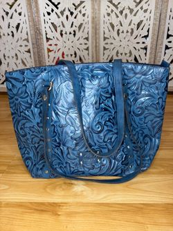 Patricia Nash Tooled Leather Blue Floral Shopper Tote Bag Shoulder Purse Handbag