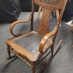 Antique Carved Wooden Rocking Chair with Leather Seat – Vintage Elegance