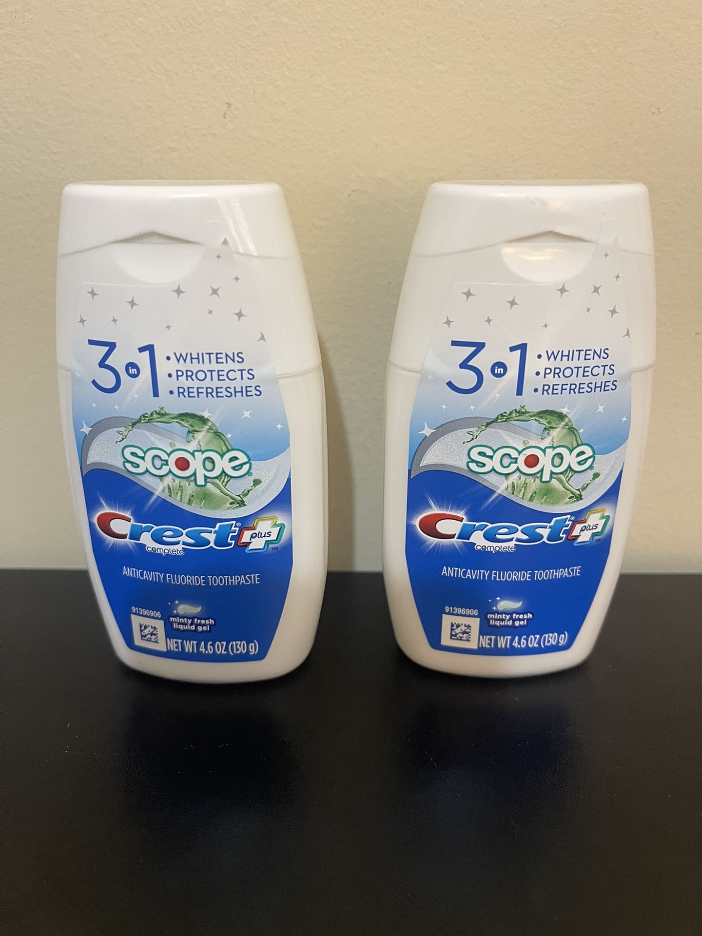 2Pack Crest Complete Multi-Benefit Tartar Control Whitening + Scope Toothpaste Liquid Gel Minty Fresh - 4.6 oz