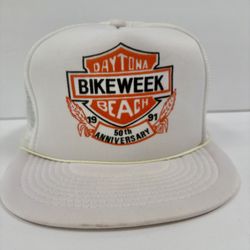 Vintage 90s Snapback Trucker Hat Mesh Daytona Beach Bike Week 50th Anniversary