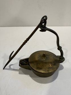 Antique French Brass Hanging Oil Lamp Often referred to as a miner’s lamp or a “rat de cave” lamp. Lamp body measures 4.5” long and 3” wide