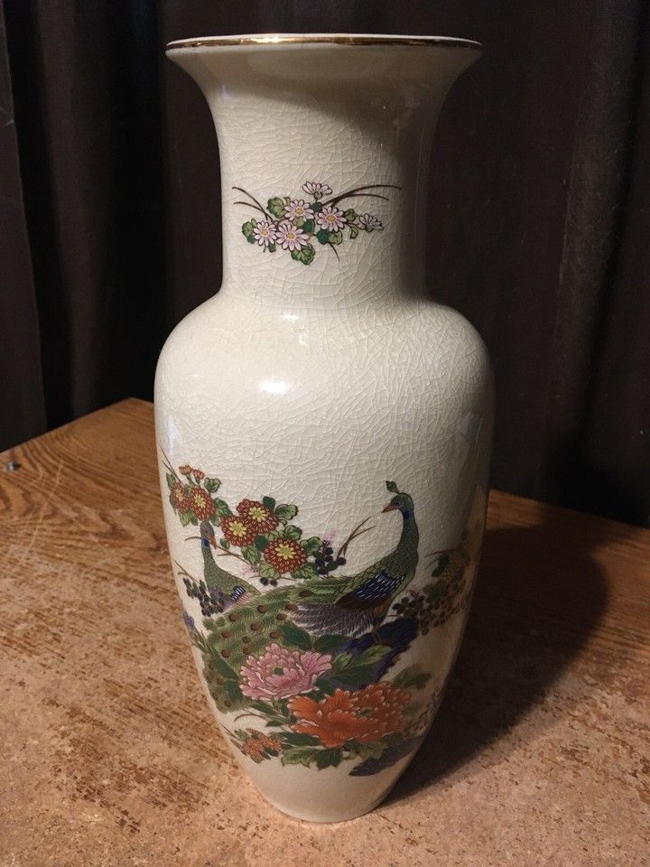 Japanese Peacock Flower Vase Ceramic Asian With A Crackle Glaze Style With Birds And Flowers 12.5"