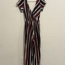 A striped, surplice-neck (wrap-style) jumpsuit 