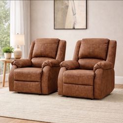 35.8"W Leather Upholstered Rolled Arm Rectangle Push Back Recliner Chair, Saddle Brown (Set of 2)