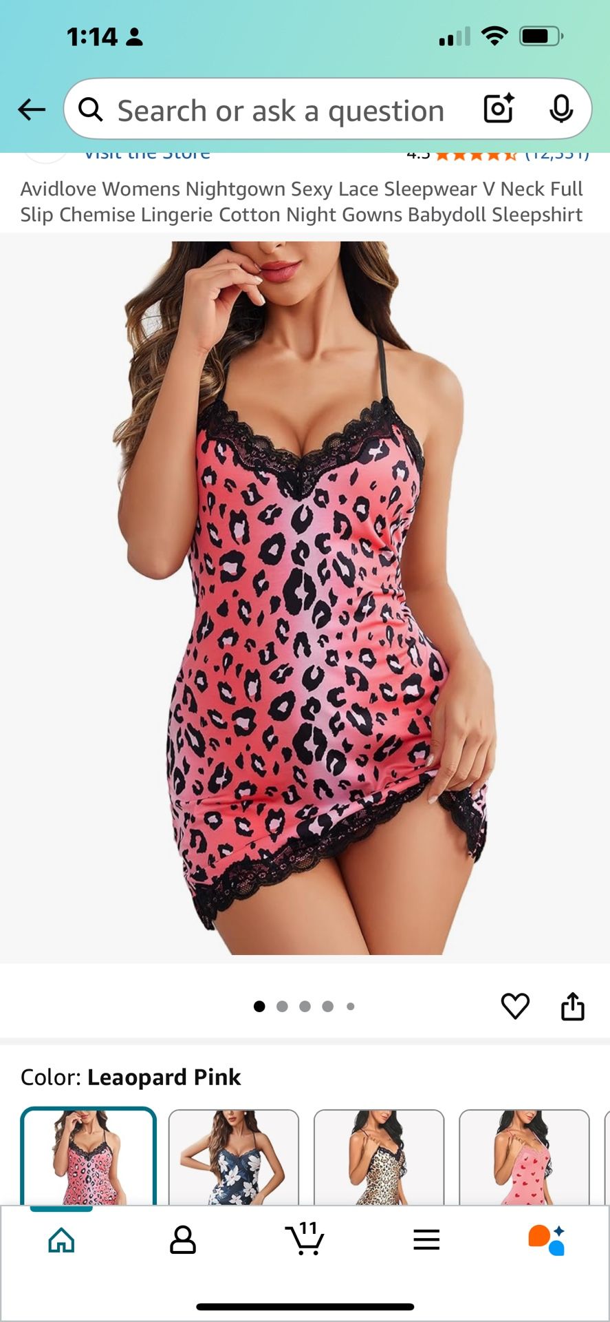 AVIDLOVE. Avidlove Womens Nightgown Sexy Lace Sleepwear V Neck Full Slip Chemise Lingerie Cotton Night Gowns Babydoll Sleepshirt Color: Leopard Pinkie