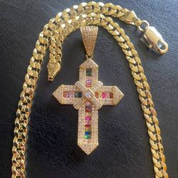 14K Stamped Gold Diamond Cross Chain 24IN