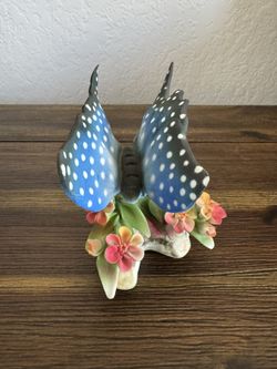 Capodimonte Italy Porcelain Figurine Blue Butterfly & Flowers Hand Painted Vintage Decor