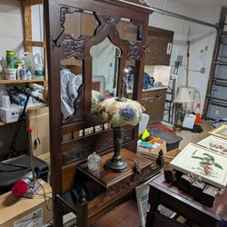 Antique Solid Mahogany Console / Coat Rack With Mirror And Umbrella Stands
