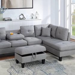 Gray Sectional Sofa Storage Ottoman Accent Pillows Nailhead Trim Cup Holders 6x8 