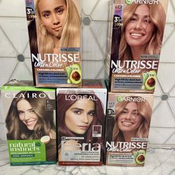 Hair color: Clairol Natural Instincts Light Brown; L’Oréal auburn Rose; Garnier Dark Brown & medium Brown. New/unopened