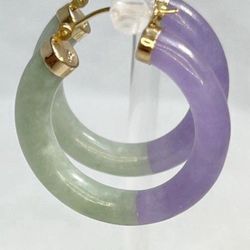 FREE SHIPPING! 14K Y Gold Lavender & Green Jadeite Hoop Earrings 5mm & 1” Round #756