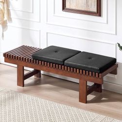 N191-59.4" Entryway Shoe Bench with Natural Solid Wood Frame & Cushions, Farmhouse Upholstered Narrow Bench Seat Indoor for Extra Long Dining Table, H