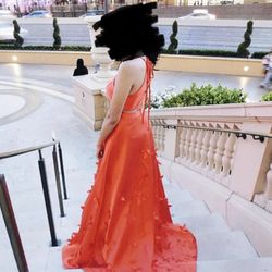 Red Formal Prom Dress With Halter Top And Flower Skirt Detail 