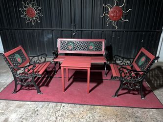 Heavy-Duty Wood/Metal Outdoor Patio Garden Bench w/ 2 Heavy Wood/Metal Chairs & Middle Wood Table