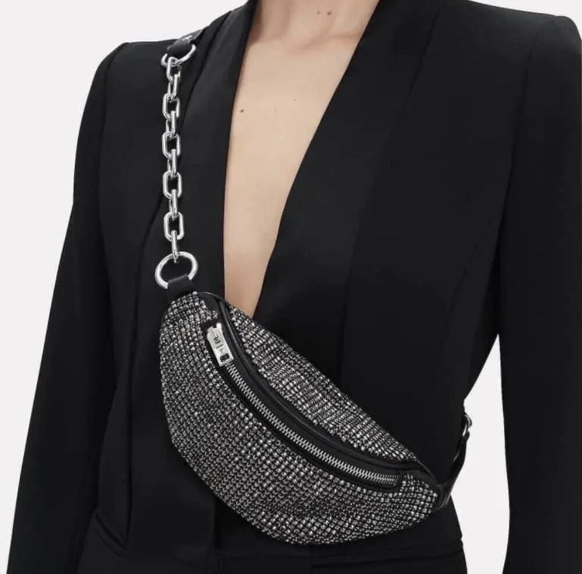 Alexander Wang Heiress Crystal Belt Bag – Rhinestone Chain, Black Leather
