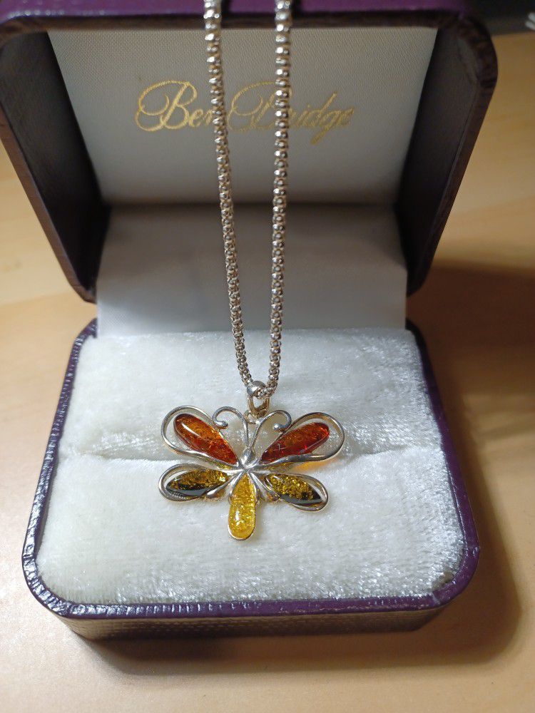 Baltic Amber Butterfly Pendant Necklace Sterling Silver 
