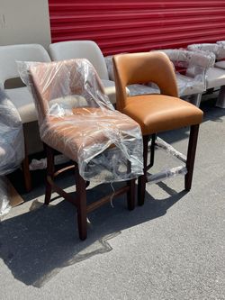 Tan Leather Bar Stools with Wood Legs