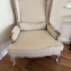 Restoration Hardware French Wingback Chair & Ottoman – Linen / Weathered Oak