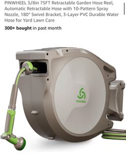 PINWHEEL 5/8in 75FT Retractable Garden Hose Reel, Automatic Retractable Hose with 10-Pattern Spray Nozzle, 180° Swivel Bracket, 3-Layer PVC Durable Wa