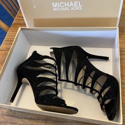 Michael Kors Black Suede Sparkle Peep Toe High Heels Size 8